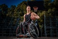 Portrait of a disabled basketball player in a wheelchair on an open gaming ground. Royalty Free Stock Photo