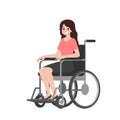 Portrait of disabled young woman is sitting in a wheelchair on a white background. Disabled character with paraplegia and a