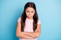 Portrait of disappointed irritated girl have offense dislike disagree no communication frustrated frown t-shirt dressed