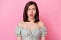 Portrait of disappointed lady negative mood staring no believe impossible bad news grumpy face isolated on pink color Royalty Free Stock Photo