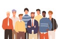 Portrait of diverse smiling business man vector flat illustration. Group of casual funny guy colleagues posing together Royalty Free Stock Photo