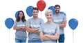 Portrait of diverse volunteers arms crossed against multiple balloons on white background