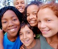 Portrait, diversity and group with happiness, outdoor and teamwork with joy, wellness and kids with support. Face, young