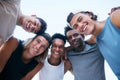 Portrait, diversity and sports men huddle, together for training and content outdoor. Young male group, friends and