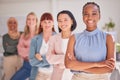 Portrait, diversity or women with smile, leadership or happy together in office. Business ladies, black woman or