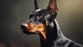 Portrait of Doberman Pinscher breed dog posing on dark background. Canine companion