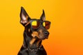 Portrait Doberman Pinscher Dog With Sunglasses Orange Background