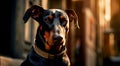 Doberman dog standing guard with a collar, close up, on the street.