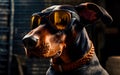 Portrait of a doberman wearing sunglasses standing guard with a collar, close up, in outdoor.