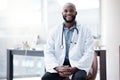 Portrait, doctor and black man with a smile, innovation and stethoscope with success, happiness and career. Face, male Royalty Free Stock Photo