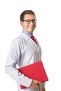 Portrait of doctor Caucasian man in uniform on a white isolated background. . Practitioner in glasses and red tie Royalty Free Stock Photo