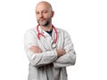 Portrait of a doctor on light color background. Male in 40s with grey beard in clinic uniform with stethoscope. Open friendly face