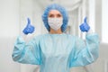 A female doctor in a protective cap and face mask in safety measures against the coronavirus