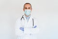 Portrait of doctor wearing protective mask and gloves indoors. Corona virus concept Royalty Free Stock Photo