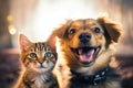 Portrait of a dog and a cat looking at the camera in front of a white background Royalty Free Stock Photo