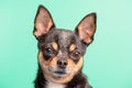 Portrait of a dog of the Chihuahua breed on a green background. Dog tricolor