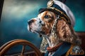 portrait of dog dressed as a sea captain at the helm