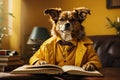 portrait dog in glasses holding opened book. ai generative Royalty Free Stock Photo