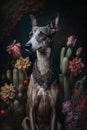 Portrait of a dog greyhound among roses, aloe vera and plants