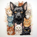 Portrait of a dog with a group of cats in a collage.