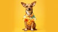 Portrait of a dog in a Hawaiian shirt on a yellow background. Concept of summer, vacation, travel. Generative AI Royalty Free Stock Photo