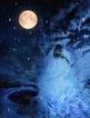 Portrait of a dog howling over full moon in winter Royalty Free Stock Photo