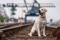 Portrait of a dog on railroad tracks Royalty Free Stock Photo