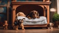 portrait of a dog sitting on a sofa A comical scene where a baby puppy and a dachshund are snoozing in a dollhouse,