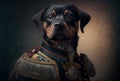 A portrait of a dog wearing historic military uniform. Pet portrait in clothing. Generative ai