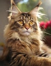 Portrait of domestic Maine Coon kitten - 7 months old. Cute young cat sitting in front and looking at camera. Curious young