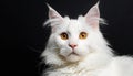 Portrait of domestic pure white Maine Coon cat with orange yellow eyes - 2 years old. Cute young cat laying with black background Royalty Free Stock Photo