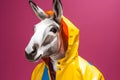 Portrait of a donkey or mule wearing a raincoat and an umbrella in studio, colorful background. Autumn concept. Generative AI Royalty Free Stock Photo