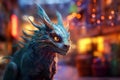 Portrait of dragoncat, hybrid of cat and dragon, photorealistic monster mutant on city background Royalty Free Stock Photo