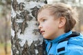 Portrait of dreamy boy about Birch, Fall, fleet Royalty Free Stock Photo
