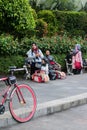 Jakarta, Indonesia - September 05, 2020: Portrait of drink seller as a street vendor at sidewalk in Jakarta.