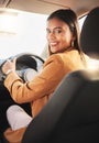 Portrait, driver and business woman in car to travel, journey or rent transportation in city. Happy, driving and person Royalty Free Stock Photo