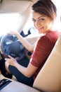 Portrait, driving and business woman with smile on morning commute, road trip or journey to work. Travel, transport and Royalty Free Stock Photo