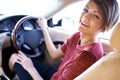 Portrait, driving and business woman with travel on morning commute, road trip or journey to work. Smile, transport and Royalty Free Stock Photo