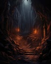 A dry open cave, cartoon and gaming style, with a misty atmosphere and sun rays getting through.