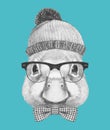 Portrait of Duck with hat, glasses and bow tie.