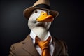 Portrait of a duck in a hat and a suit on a black background. Anthropomorphic animals concept Royalty Free Stock Photo