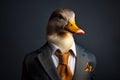 Portrait of a duck in a suit and tie on a dark background. Anthropomorphic animals concept Royalty Free Stock Photo