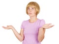 Portrait dumb looking woman arms out shrugs shoulders. Royalty Free Stock Photo