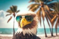 portrait of eagle in sunglasses on a blurred background of palm trees and the beach