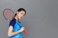 Portrait East Asian girl teen Badminton young athlete happy smile with space for text Royalty Free Stock Photo