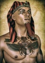 Portrait of an Egyptian pharaoh with his chest tattooed.