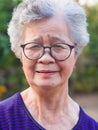 Portrait of an elderly Asian woman wearing eyeglasses looking at camera while standing in a garden Royalty Free Stock Photo