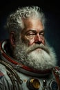 Portrait of an elderly bearded male astronaut in a spacesuit