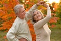 Portrait of an elderly couple dancing in autumn. Royalty Free Stock Photo