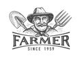 Portrait of an elderly farmer in a hat, spade and pitchfork, emblem. Farm, agriculture logo. Vintage vector illustration